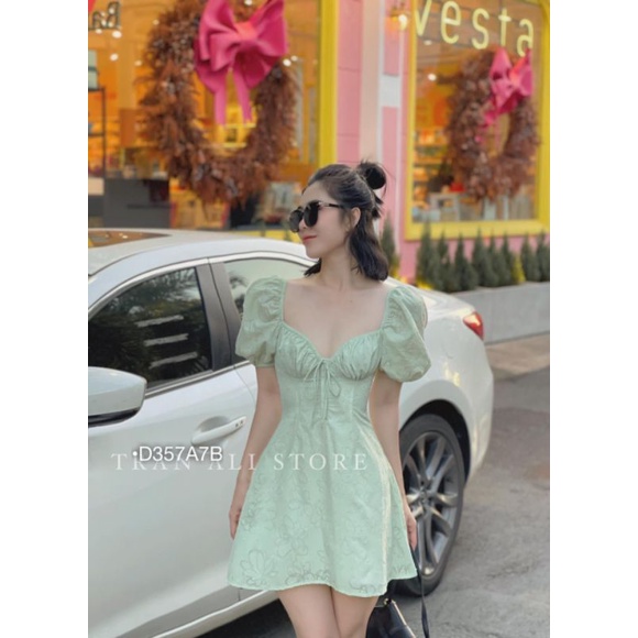 Đầm Xòe Cao Cấp Nữ Váy Ren Hoa Tay Phồng Cột Nơ Ngực Dáng Chữ A Vải Ren Ép Hoa Màu Trắng/Xanh Cực Sang Bebedoll