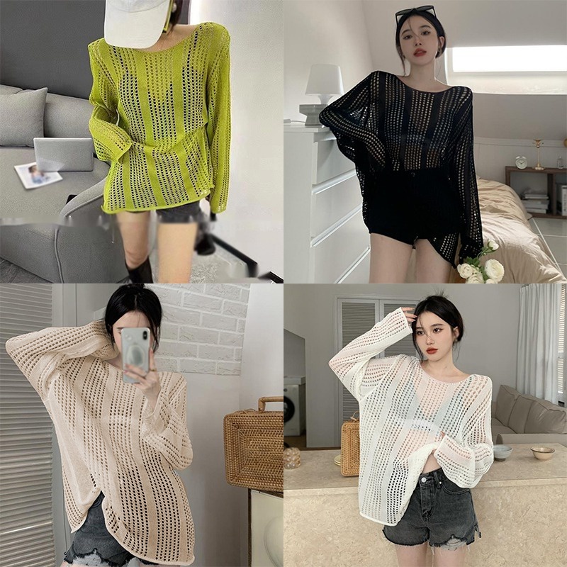 Áo Dệt Kim Nữ Tay Dài Cổ Tròn Màu Sắc Thanh Lịch