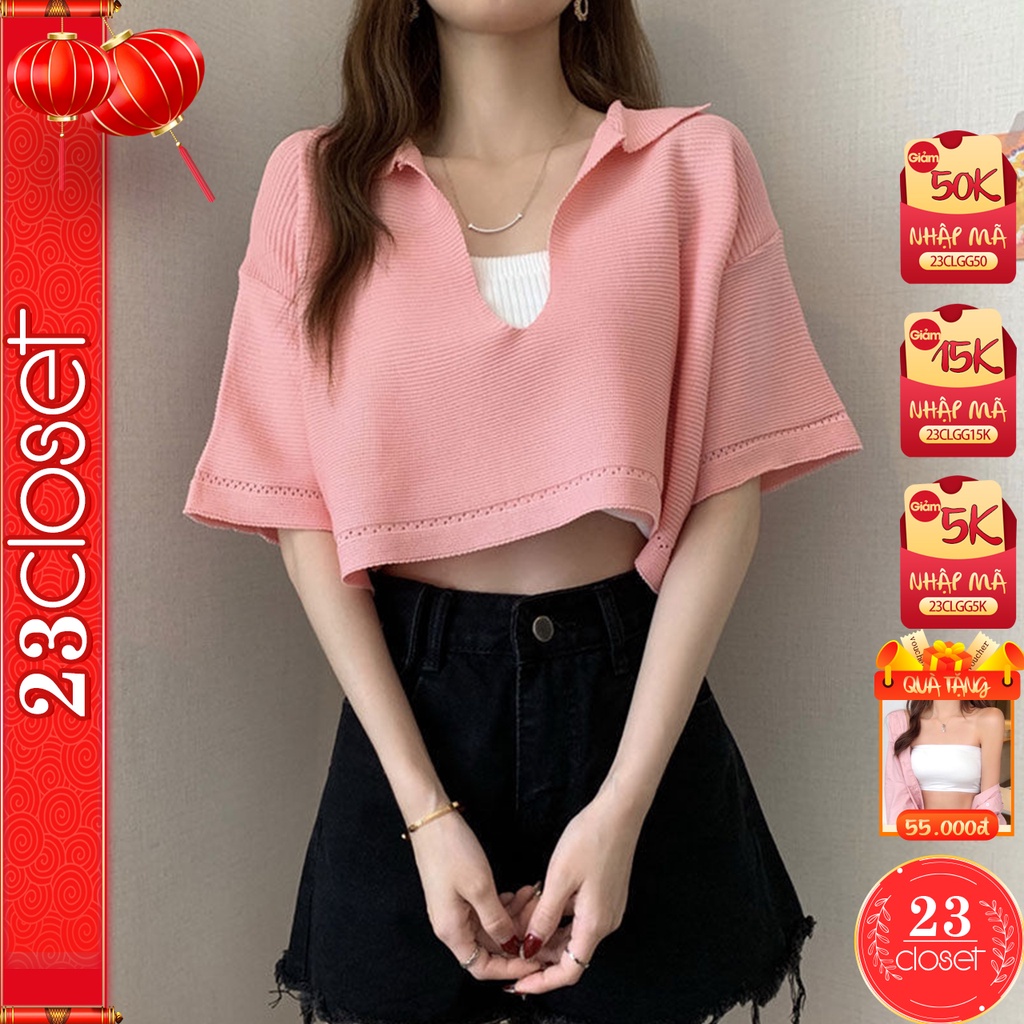 Áo len croptop nữ 23Closet tay dài cổ V form rộng kiểu dáng hàn quốc nhiều màu đen trắng tím, áo crt đẹp -ALCR01