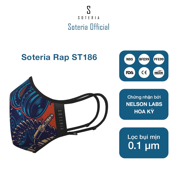 Khẩu trang tiêu chuẩn Quốc Tế SOTERIA Rap ST186 - Bộ lọc N95 BFE PFE 99 lọc đến 99% bụi mịn 0.1 micro- Size S,M,L