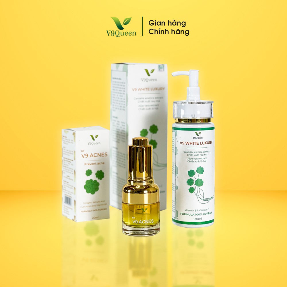 [COMBO] Tinh chất rau má V9Queen, serum giảm mụn 20ml + sữa rửa mặt tạo bọt dịu nhẹ 120ml