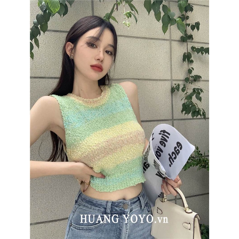Áo Dệt Kim Sát Nách Dáng Ngắn Họa Tiết Sọc Cầu Vồng Màu Tương Phản Thời Trang Xu Hướng Hàn Quốc