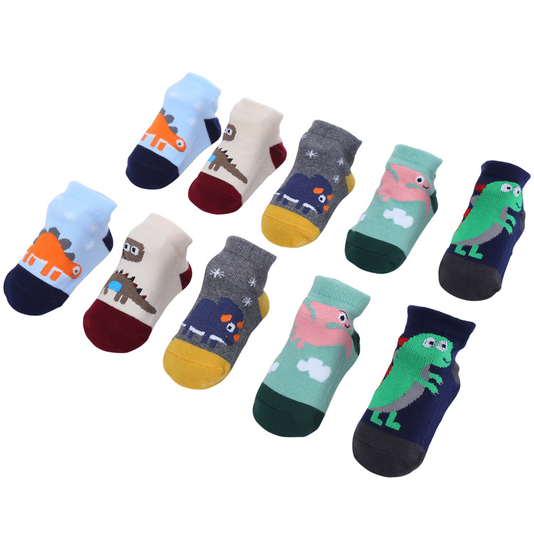 5 Đôi vớ từ cotton 100% chống trượt in hình khủng long cho bé trai sơ sinh từ 0-3 tuổi