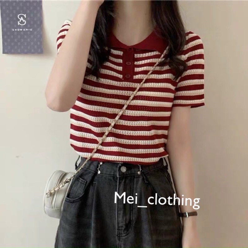 [Ảnh thật/hàng QC] Áo len dệt kim hoạ tiết kẻ ngang phong cách Hàn Quốc/ len cổ bẻ