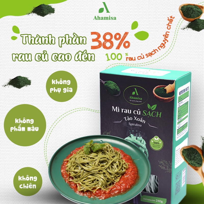 Mì Rau Củ Ahamisa Vị Tảo Xoắn, Mì Ăn Kiêng, Mì Rau Củ Cho Bé, Ăn Chay, Thực Dưỡng 240 Gram