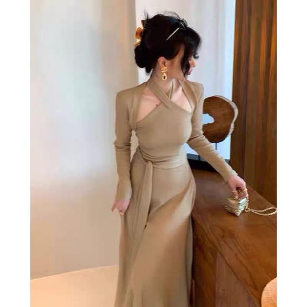 VIP Set Váy Len Yếm Kèm Cardigan Khoác (Ảnh Video Thật) Đầm Len Cổ Yếm Hàng Quảng Châu Loại 1 Dày Dặn