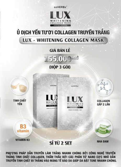 Ủ TRẮNG DỊCH YẾN TƯƠI COLLAGEN LUX SOHERBS -CHÍNH HÃNG DATE MỚI 2023, Tặng Bộ Chén Trộn 6 Giá 25k Món Khi Mua Hộp 3 Gói