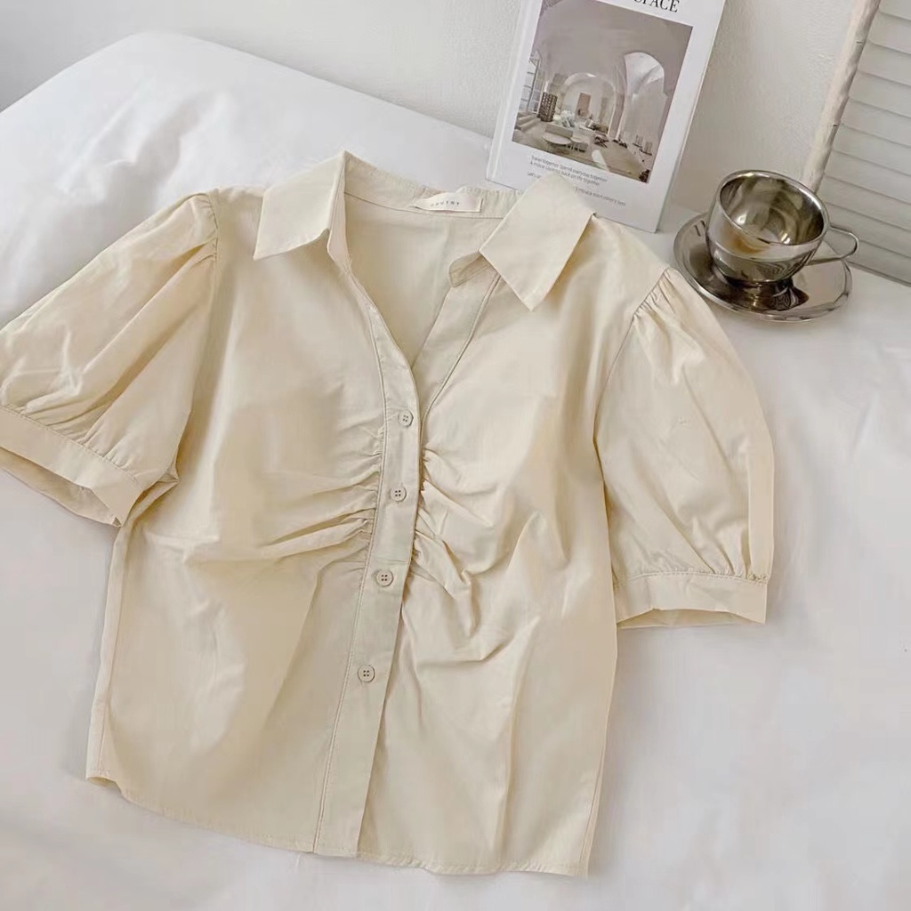 Áo sơ mi BH tay phồng ngắn xếp ly thời trang Hàn Quốc mới cho nữ