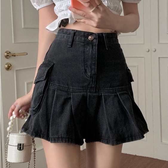 [ Sẵn ] Chân Váy jean chữ A, túi 2 bên xếp ly cá tính Lemontaobao | BigBuy360 - bigbuy360.vn