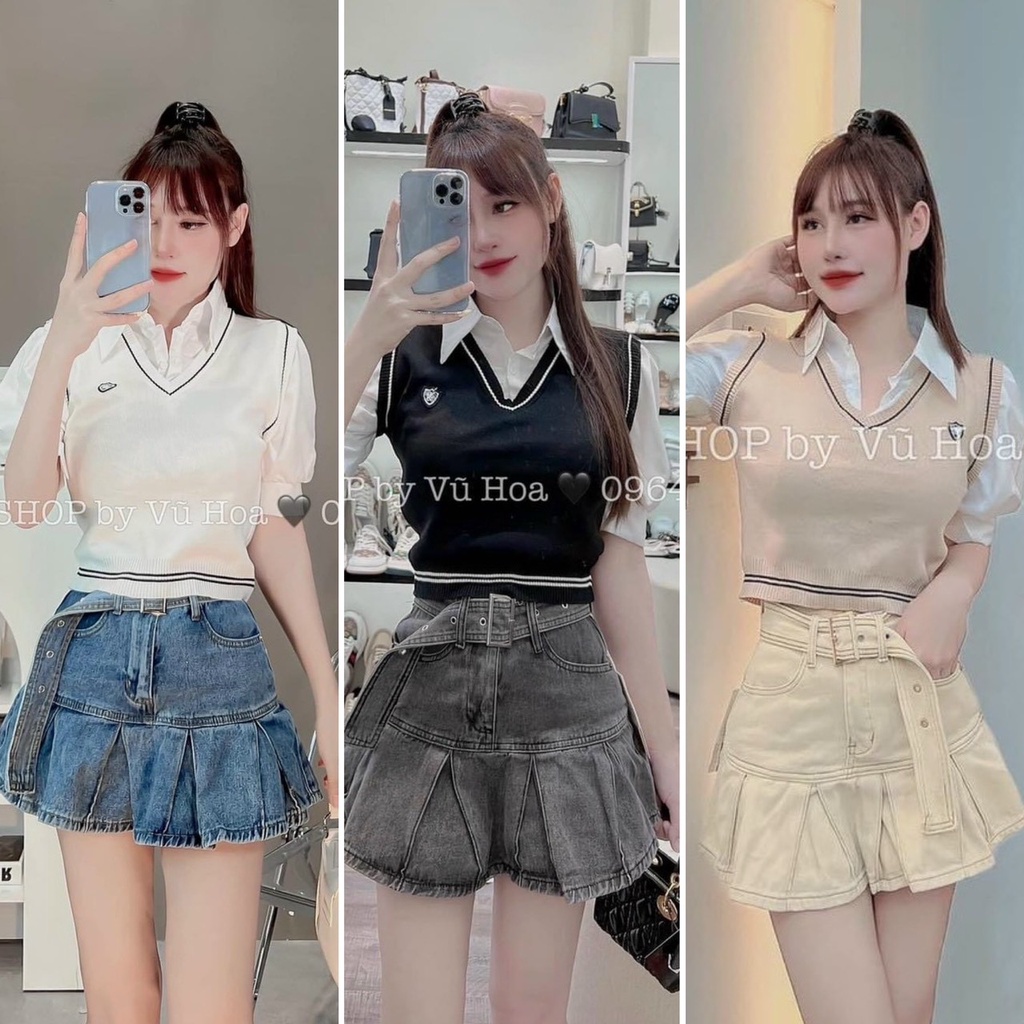 Áo len gile phối tay cổ sơ mi hot