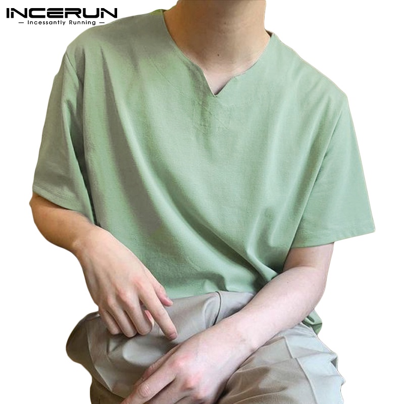 Áo nam INCERUN tay ngắn cổ chữ V 3 màu trơn đơn giản tùy chọn
