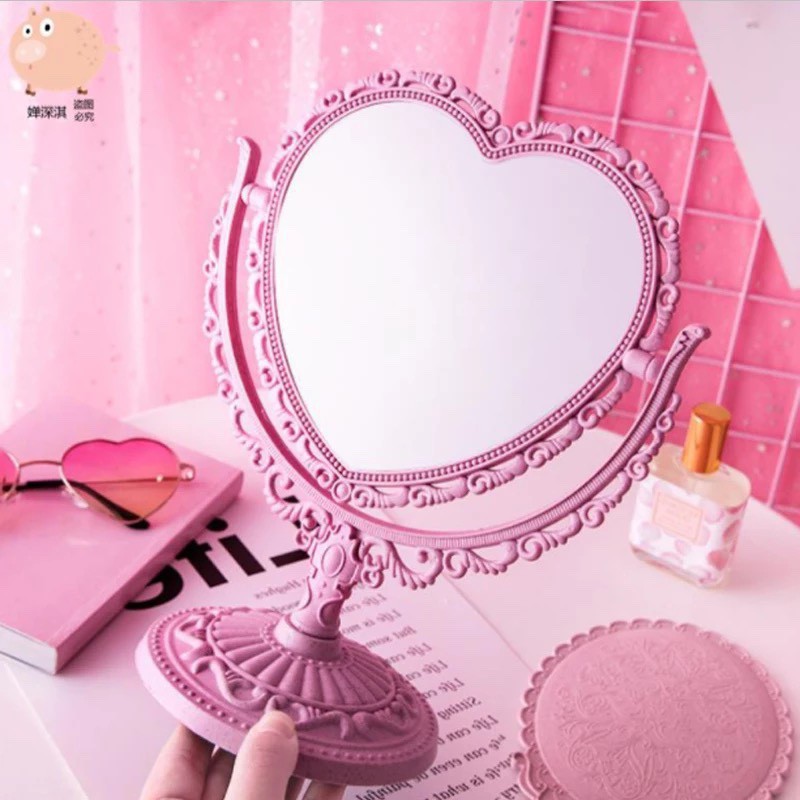 Gương Trang Điểm 2 Mặt Hình Trái Tim Kiểu Dáng Vintage Phong Cách Cổ Điển Retro