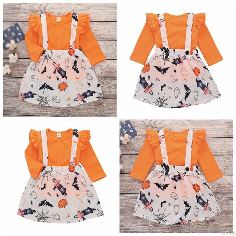 1-5Y Girl Solid Color Long Sleeved T-Shirt Halloween Print Strap Dress 2Pcs