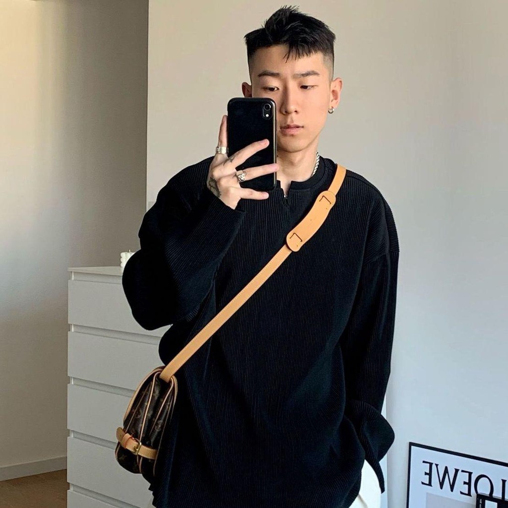 Áo Thun Nam Tay Dài Cổ Chữ v Dáng Rộng Xếp Ly Thời Trang Mùa Hè