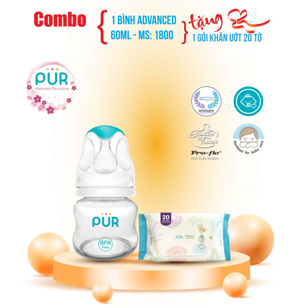 Bình sữa cổ thường Pur Advanced 60ml được làm từ chất vật liệu tinh khiết  - Tặng gói khăn ướt Pur