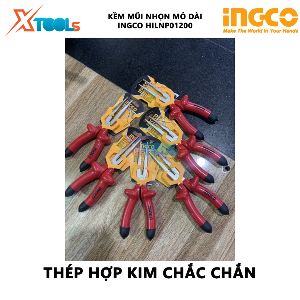 Kìm mũi nhọn mỏ dài cách điện INGCO HILNP01200 | kềm cách điện Kích thước 8 inch/200mm Tay cầm bọc nhựa chuyên dụng và c