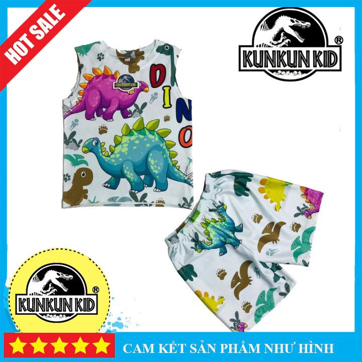 Quần áo trẻ em in 3D ba khủng long con size đại từ 10-60kg KunKun BL218 - Bộ ba lỗ bé trai thun lạnh co giãn 4 chiều