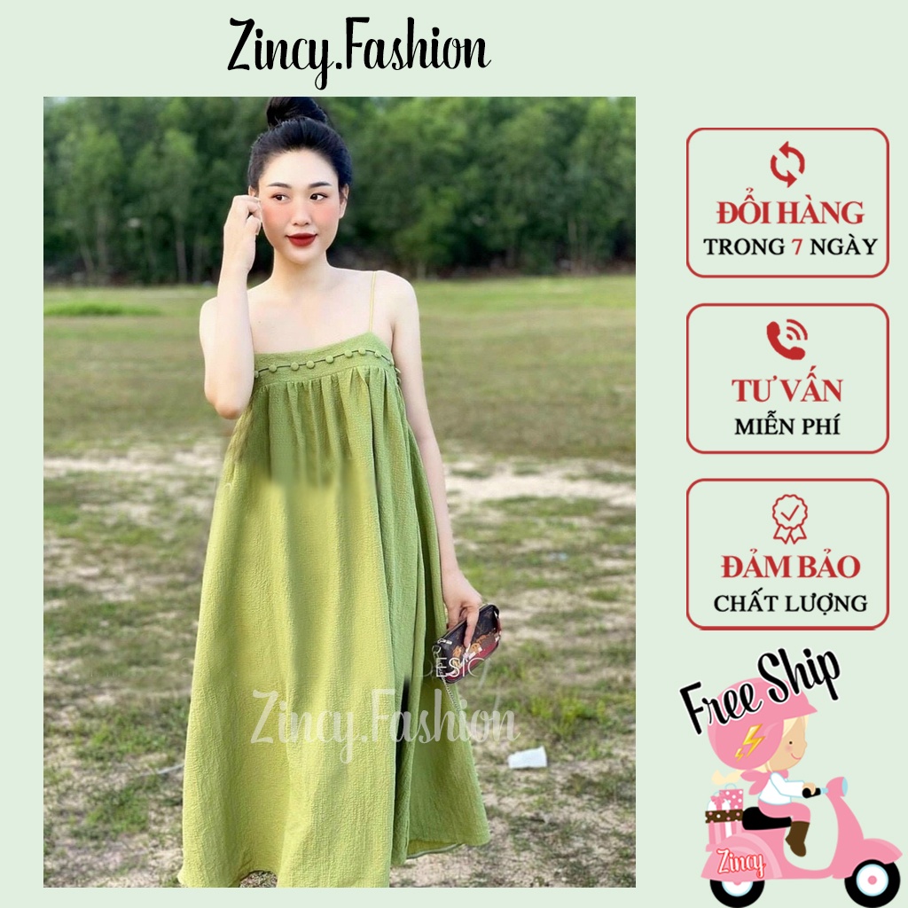Đầm suông 2 dây dáng dài chất đũi viền nút bọc Váy dây xinh xắn nhẹ nhàng nữ tính ĐSDNB01