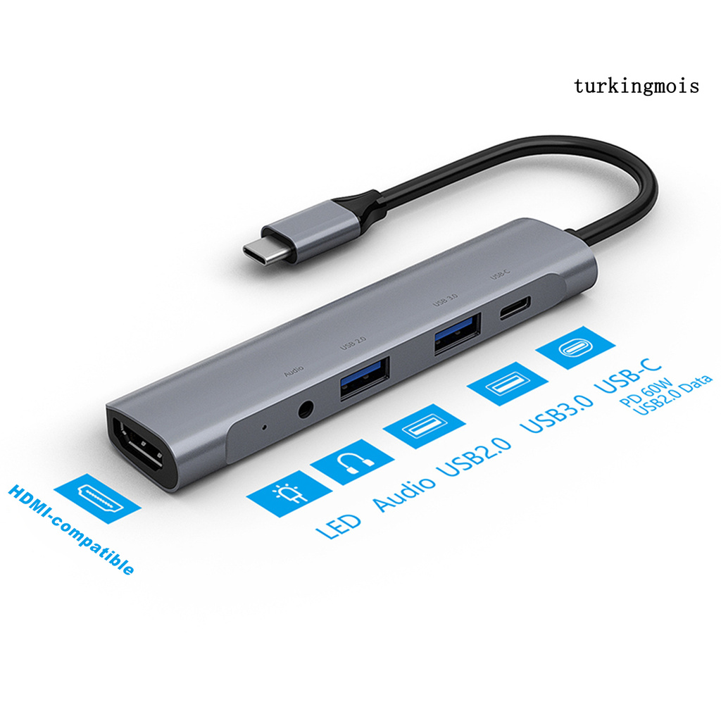 Adapter Type C sang 4K HDMI tương thích với USB 3.0 2.0 PD 3.5mm 5 trong 1 TZA501