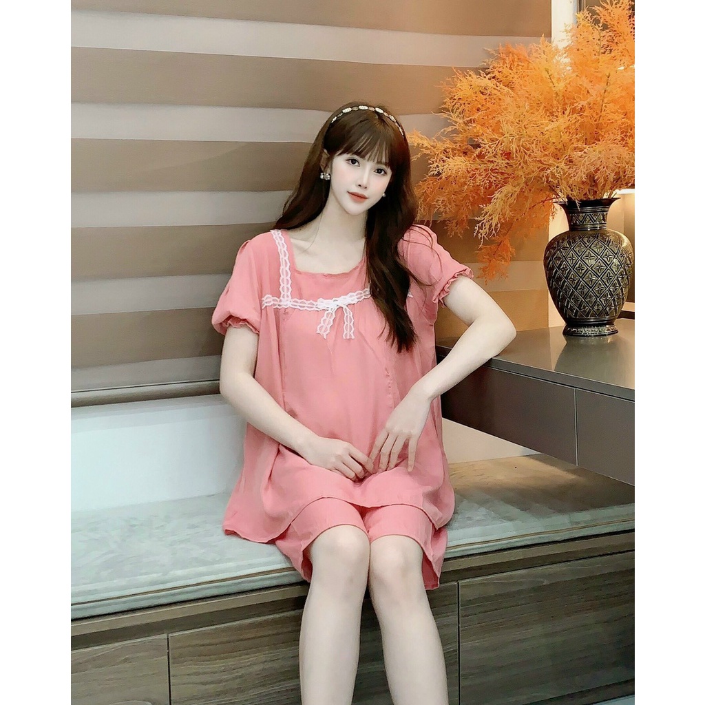 Bộ đồ bầu ngắn tay ren ngực thời trang thiết kế mặc nhà kết hợp sau sinh Mom and Baby M528