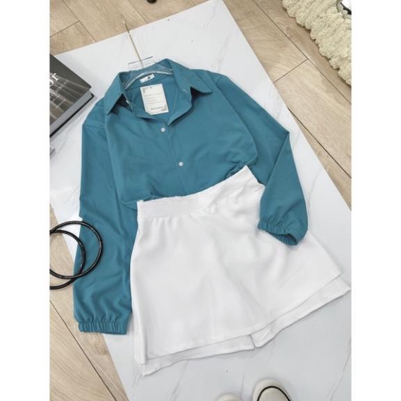 [ 𝐅𝐑𝐄𝐄 𝐒𝐇𝐈𝐏 ] SET SƠ MI XANH LAM MIX QUẦN GIẢ VÁY TRẮNG