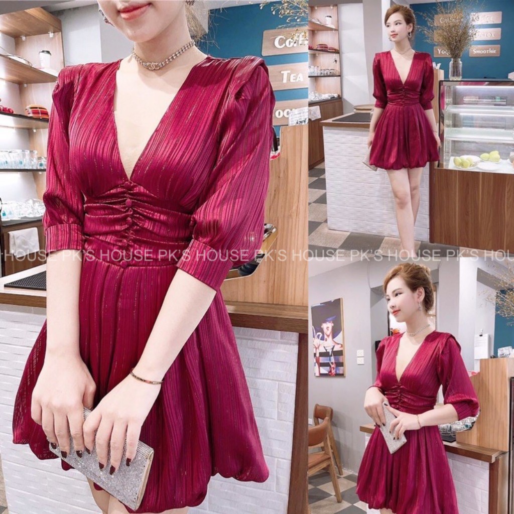 Váy Thiết Kế Dáng Xoè Ngắn Tay Lỡ Cổ V V1848, Đầm Thiết Kế Cao Cấp - PK Official | BigBuy360 - bigbuy360.vn