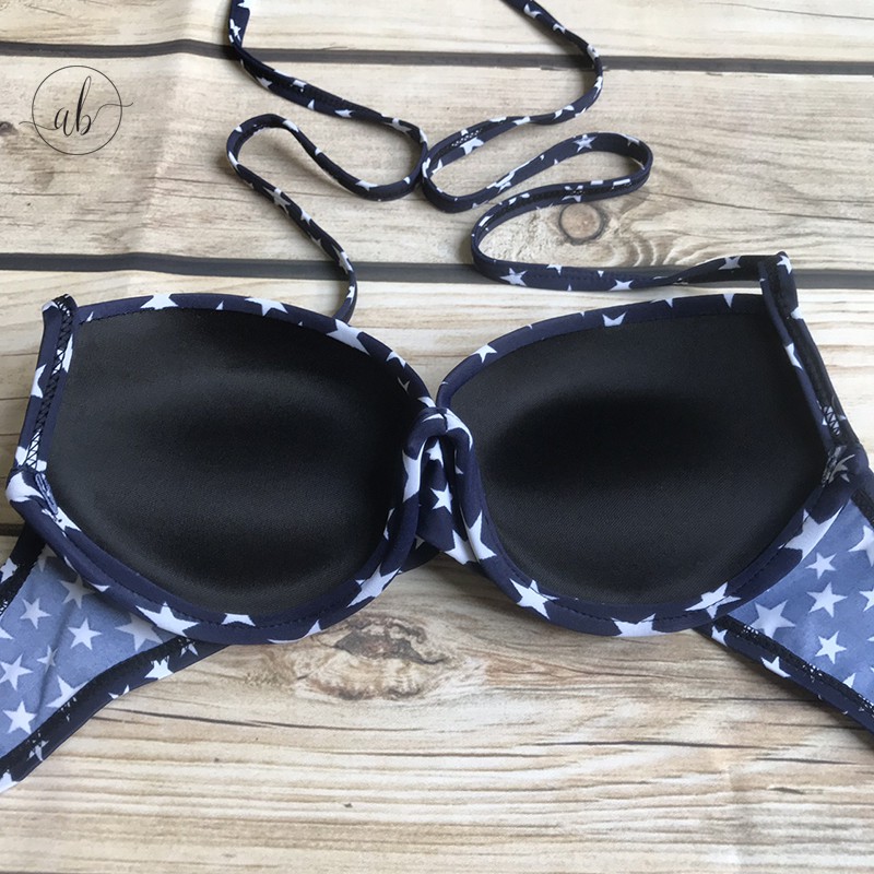 Bikini 2 mảnh nâng ngực, quần cạp cao, họa tiết sao trẻ trung, hiện đại ( Freesize 40-55kg)