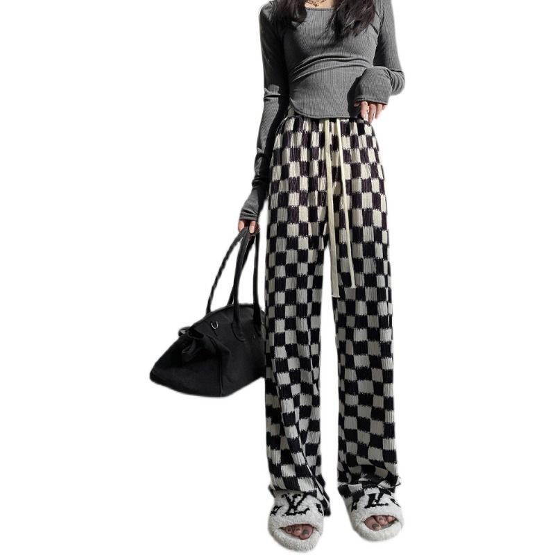 Quần Dài Lưng Cao Ống Rộng Họa Tiết Sọc Caro Trắng Đen Thời Trang Xuân Hè Cá Tính Cho Nữ