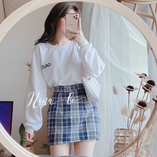 Set áo dài tay chân váy kẻ 💖FREESHIP💖set in chữ CAUTIO mix chân váy kẻ caro xanh AD14