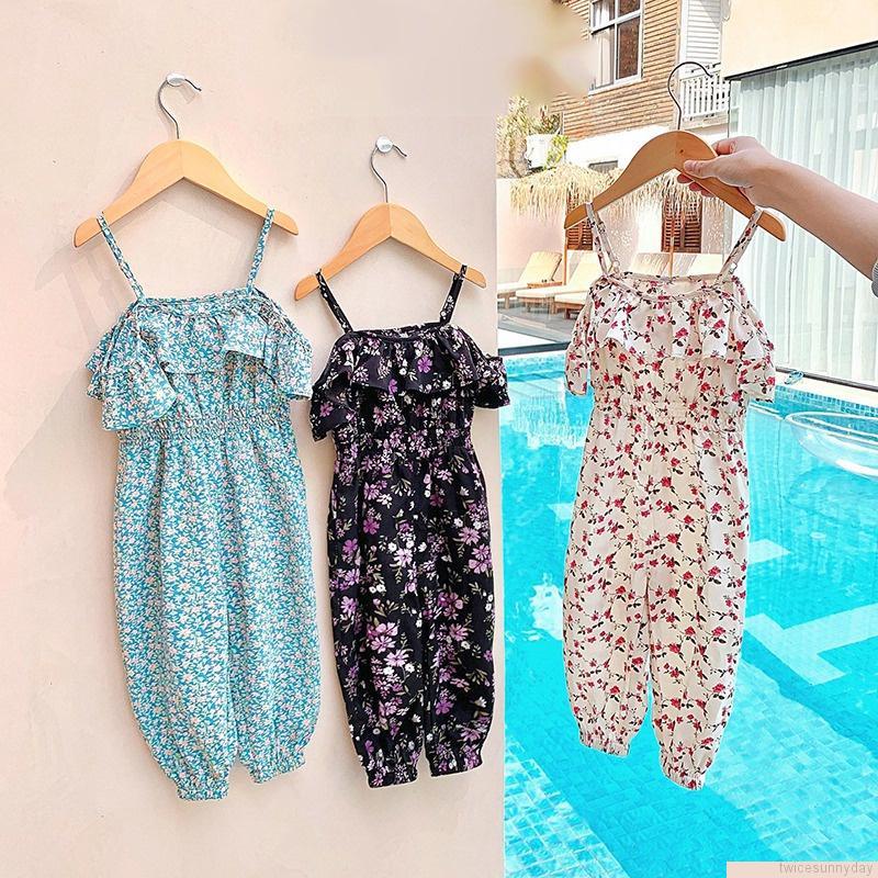 Bộ áo liền quần không tay ống rộng in hoa dễ thương cho bé gái