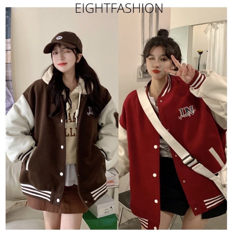 Áo Khoác Varsity Jacket Bomber Thêu Hình Màu Đỏ Nâu Nổi Bật Eightfashion ABB100
