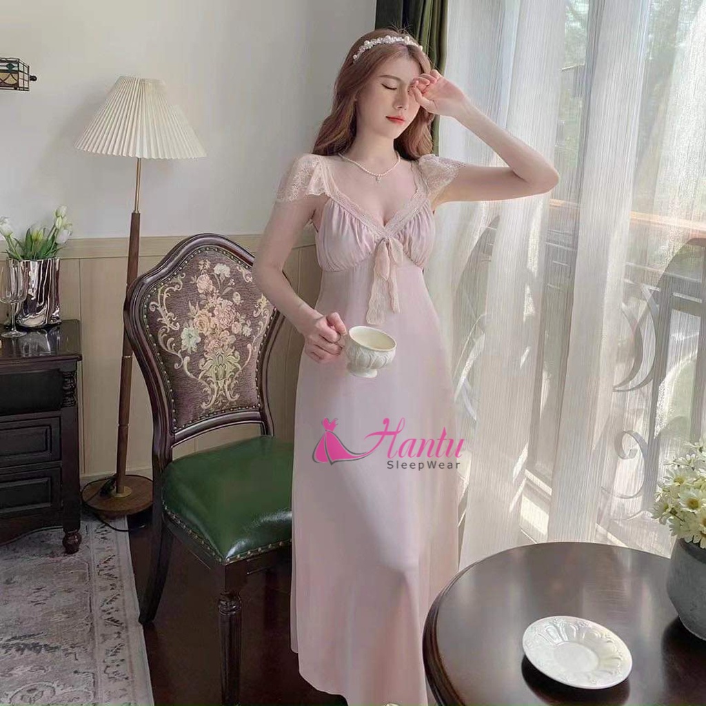 Đầm ngủ lụa tiểu thư sang chảnh ,Váy ngủ lụa tiểu thư dáng dài qua gối phối ren Hantu Sleepwear đủ màu đủ size 40-100kg
