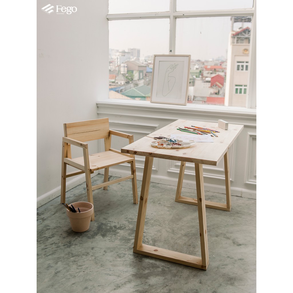 Ghế làm việc có tay tựa FEGO - Ghế gỗ ngồi đọc sách 45x45x70cm - Nội thất gỗ thông tự nhiên decor trang trí nhà cửa
