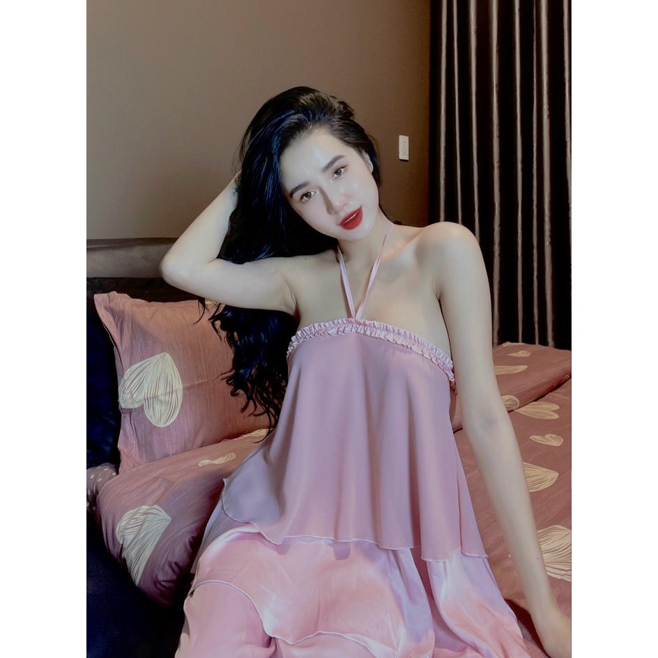 Set Đồ Ngủ Áo Yếm Voan Tầng &amp; Quần Dài Lụa Dạo Phố Sang Chảnh - Đồ Bộ, Pyjama Freesize