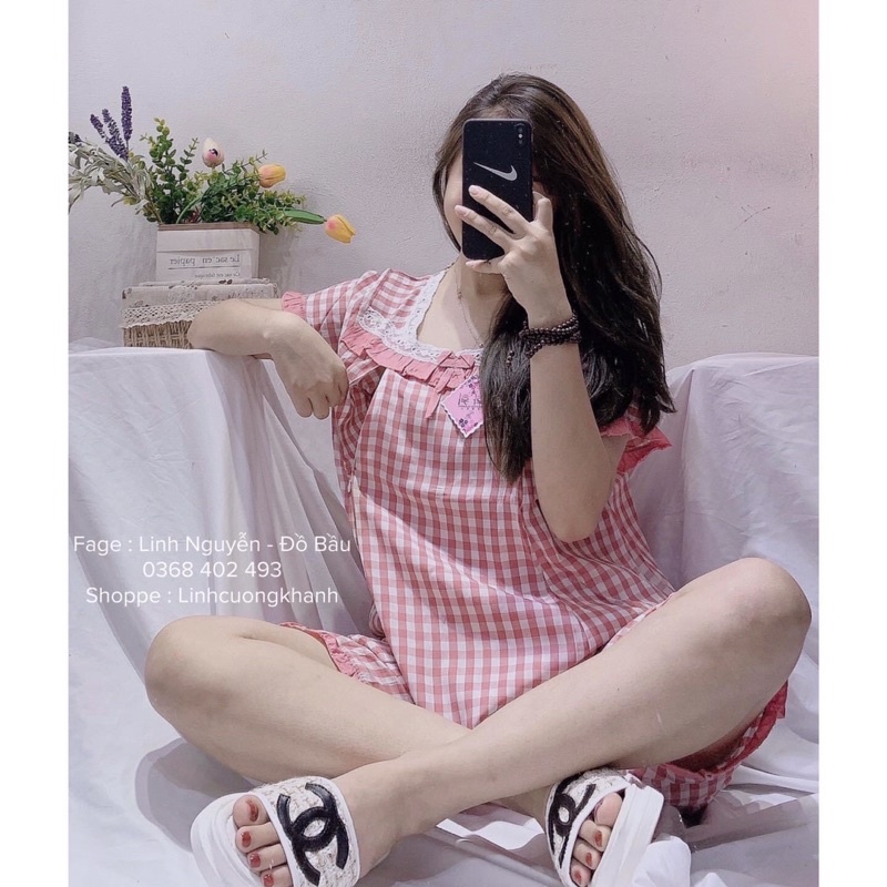 Bộ bầu lửng kẻ karo thiết kế chất đũi Hàn cao cấp,dáng sang chảnh, có chun tăng giảm bụng, có chỗ cho bé ti sau sinh