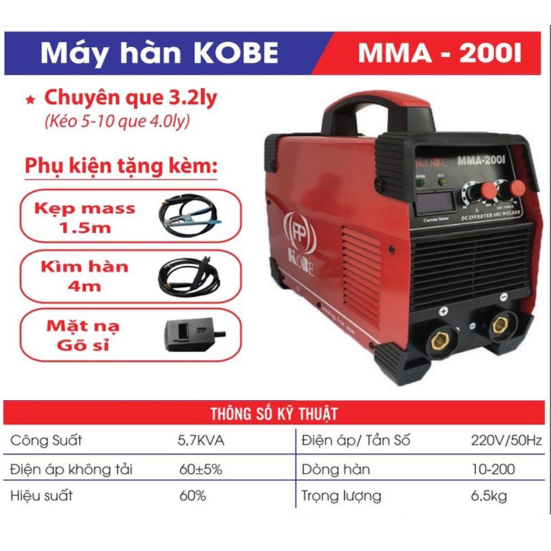 MÁY HÀN KOBE MMA-200I (đỏ) chính hãng thiết kế nhỏ gọn, an toàn và tiết kiệm điện cho người tiêu dùng