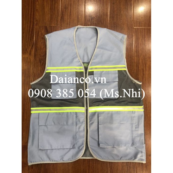 Áo gile vải kaki phối lưới siêu mát may kèm phản quang poly xám- Hình thật