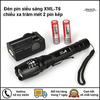 Đèn pin siêu sáng Nhật Bản chiếu xa 1000 mét, dùng 2 pin sạc + 1 bộ sạc đôi, chất liệu hợp kim bền cứng, có 5 chế độ