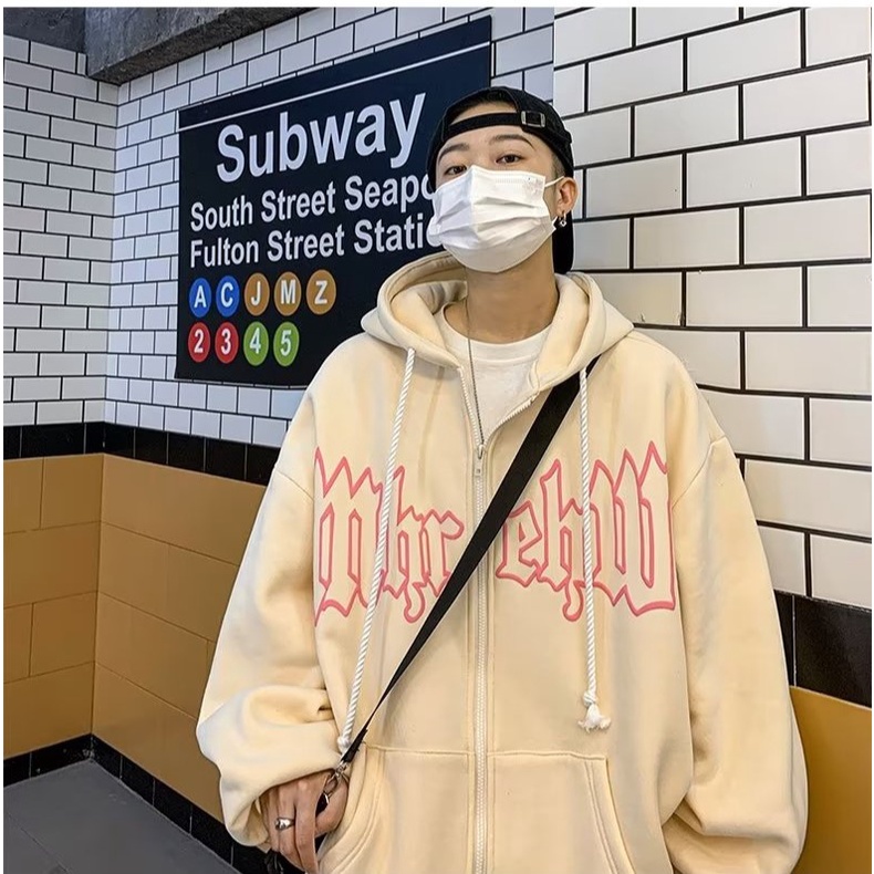 Áo khoác dây kéo thêu chữ retro unisex áo hoodie dây kéo thời trang varsity jacket simple áo hoodie nam nữ form rộng fashion áo nỉ nữ form rộng