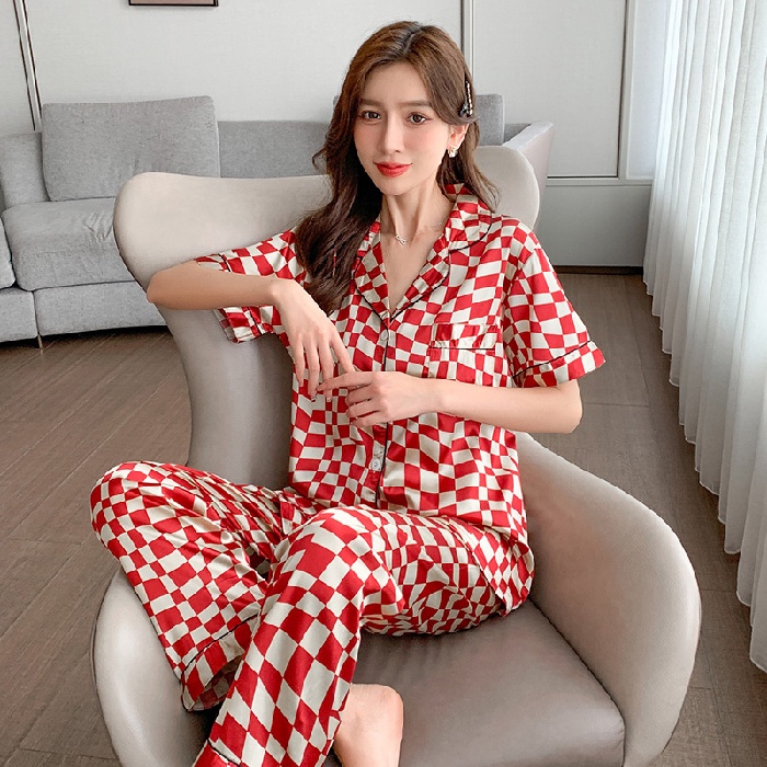 Bộ Đồ Ngủ Tay Ngắn Bằng Lụa Satin Thoải Mái In Họa Tiết Kẻ Ô/ Kẻ Ô Thời Trang Hàn Quốc Cho Nữ