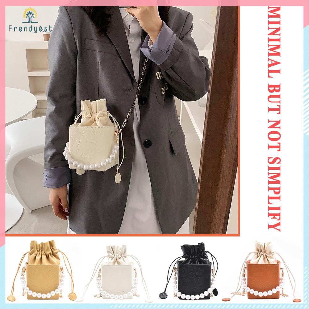 Túi Đeo Vai Bằng Da PU Hình Hộp Đính Ngọc Trai Dây Rút Hoạ Tiết Hoạt Hình Nổi Thời Trang Cho Nữ