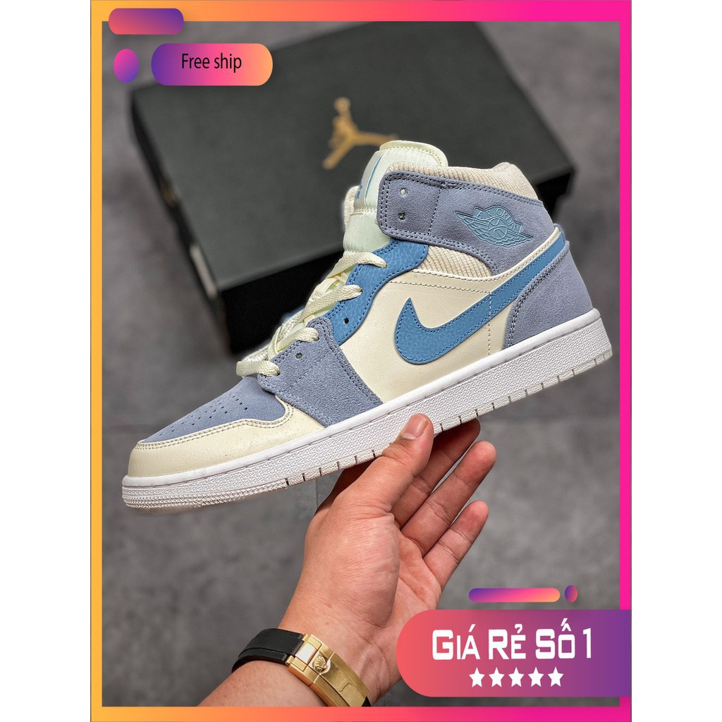 (FULL BOX + QUÀ TẶNG) Giày thể thao Air Jordan 1 Mid Mixed Textures Blue cổ cao siêu đẹp cho nam và nữ