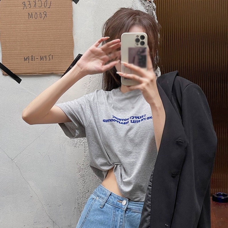 ÁO Thun Croptop Tay Ngắn In Chữ Phong Cách Hàn Quốc Cho Nữ Áo Phông Form Rộng Cổ Tròn ÁO Phông Tay Lỡ