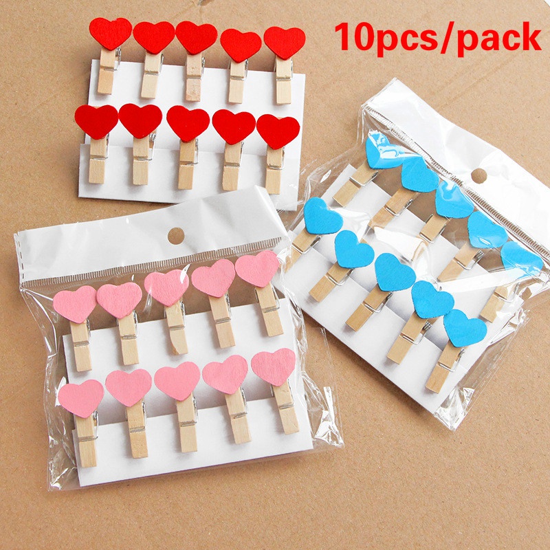 Bộ 10 Kẹp Ảnh Gỗ Hình Trái Tim Màu Hồng