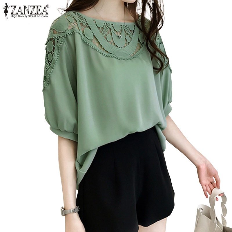 Áo kiểu ZANZEA tay lỡ cổ tròn phối ren phong cách Hàn Quốc dành cho nữ