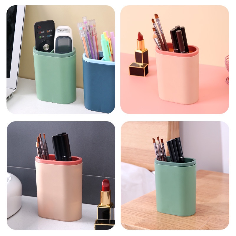 Hộp đựng bút 2 ngăn nhựa để bàn làm việc văn phòng kiểu dáng Hàn Quốc cute, ống đựng bút  gắn sticker xinh xắn - HOKAMI