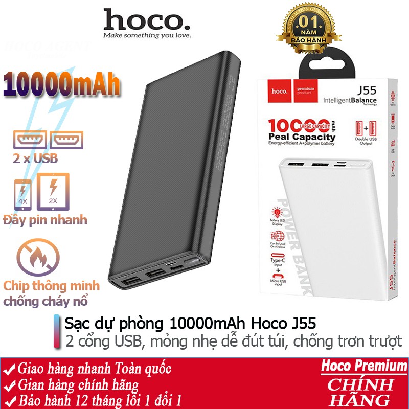 Pin sạc dự phòng Hoco J55 đèn báo pin, 2 cổng ra, tích điện dung lượng 10000mAh - Chính hãng