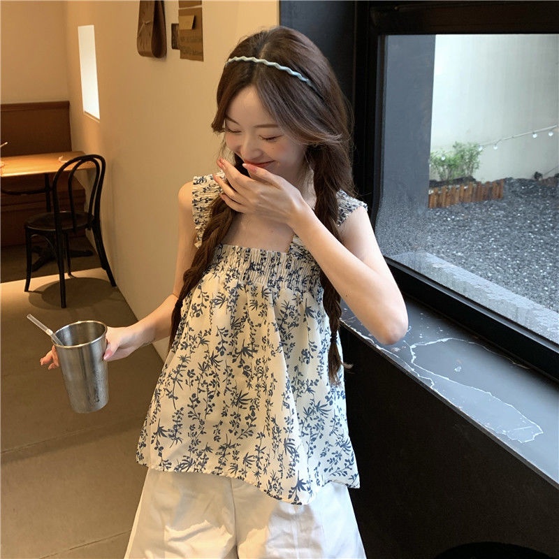 Áo Hai Dây Cổ Vuông Dáng Rộng In Họa Tiết Hoa Độc Đáo Phong Cách Pháp Thời Trang Mùa Hè Cho Nữ