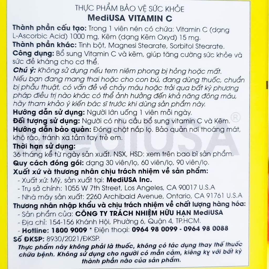 Viên uống Vitamin C 1000mg và Kẽm giúp trắng da tăng sức đề kháng MediUSA Vitamin C Hộp 60 viên