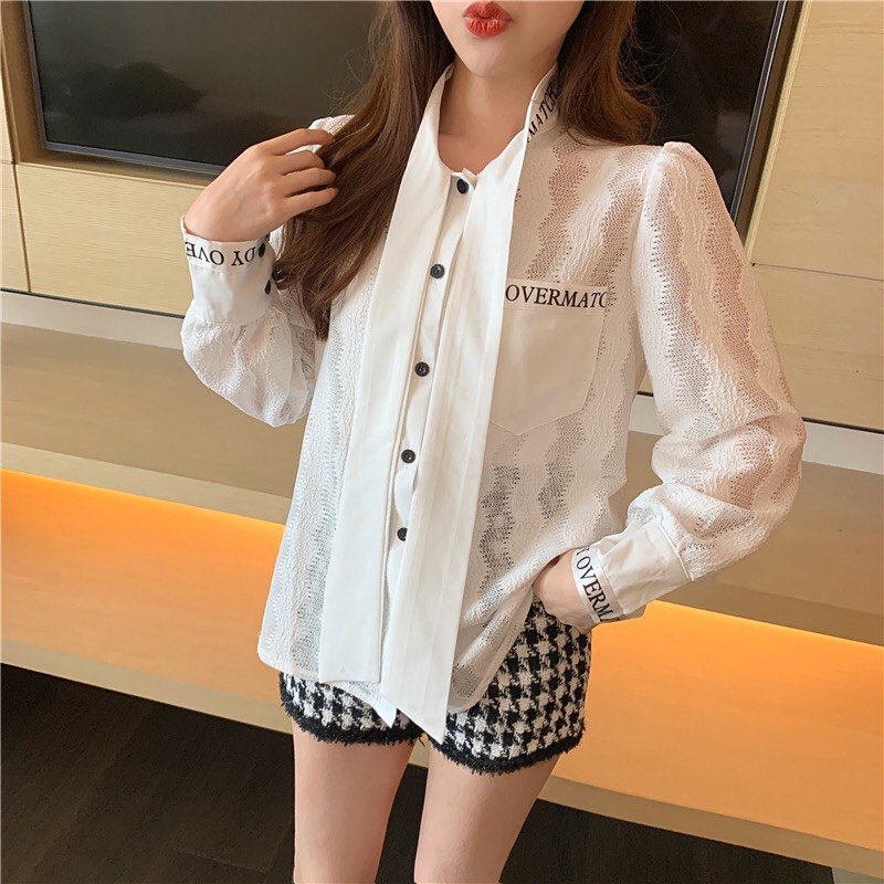 Áo sơ mi ren thắt nơ tay dài kèm quần dạ lưng cạp cao( KÈM ẢNH THẬT) | BigBuy360 - bigbuy360.vn
